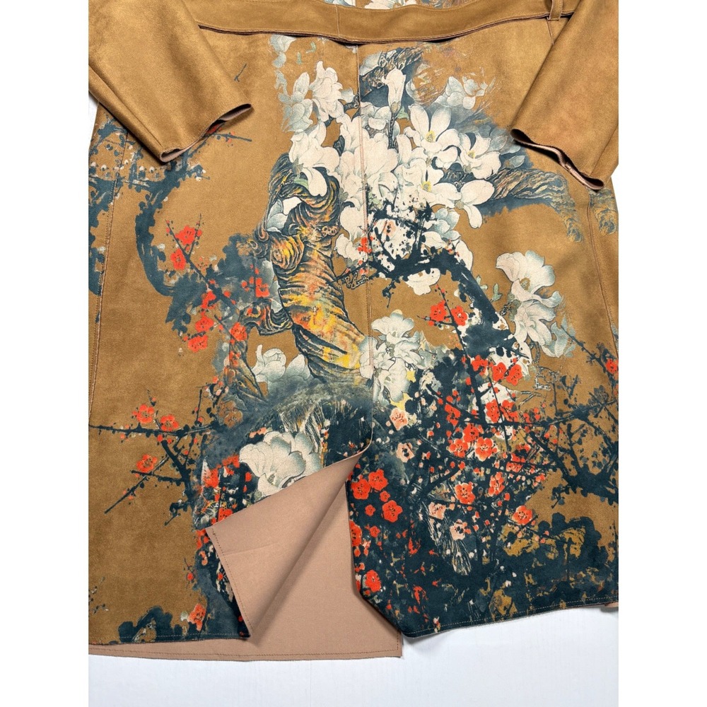 Chico's Scuba Suede Trench Coat Floral Tiger Print Brown Size 00 XS New Artsy - Picture 13 of 16